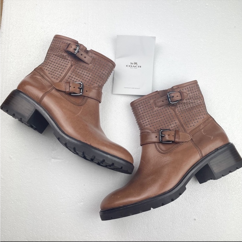 COACH Gates Leather Studded Calf Boots Brown Buckle Size 8.5 - Picture 2 of 10